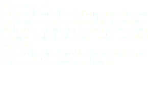 Wine making: Starting with hand-selected albariño grapes from our San Vicente vineyard, we obtained the free-run juice, which, after its fining process via static decanting, fermented with local yeast under controlled temperature.
Once reached the desired level of residual sugars, we proceeded to devatting and turn off.